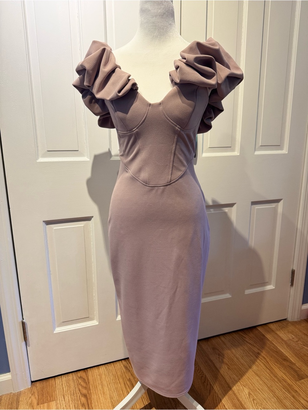 ASOS DESIGN scrunch bardot midi dress in mauve, size 6